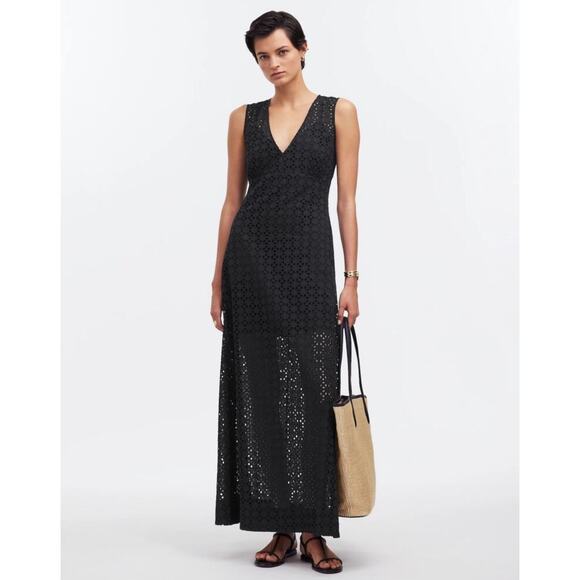 NWT Madewell Eyelet V-Neck Maxi Dress In Black Size 0 - Picture 1 of 8